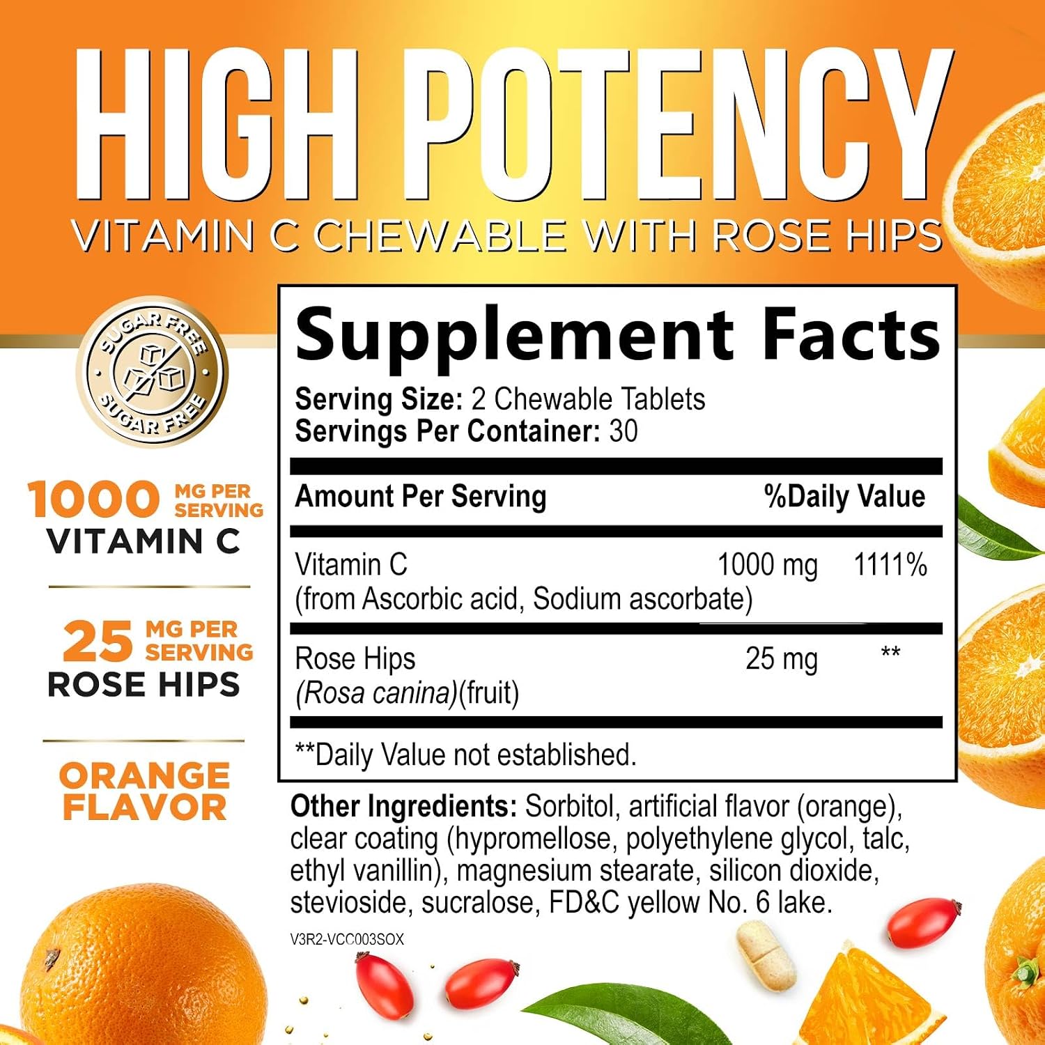 Nature's Peak Vitamina C 1000 mg con Rosa Mosqueta - 60 Comprimidos Masticables Sabor Naranja Sin Azúcar