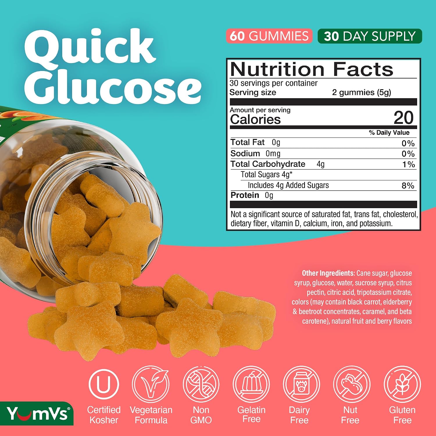 YUM-V'S Glucose Gummies – Gominolas de glucosa de acción rápida – Sabor naranja natural – 60 unidades