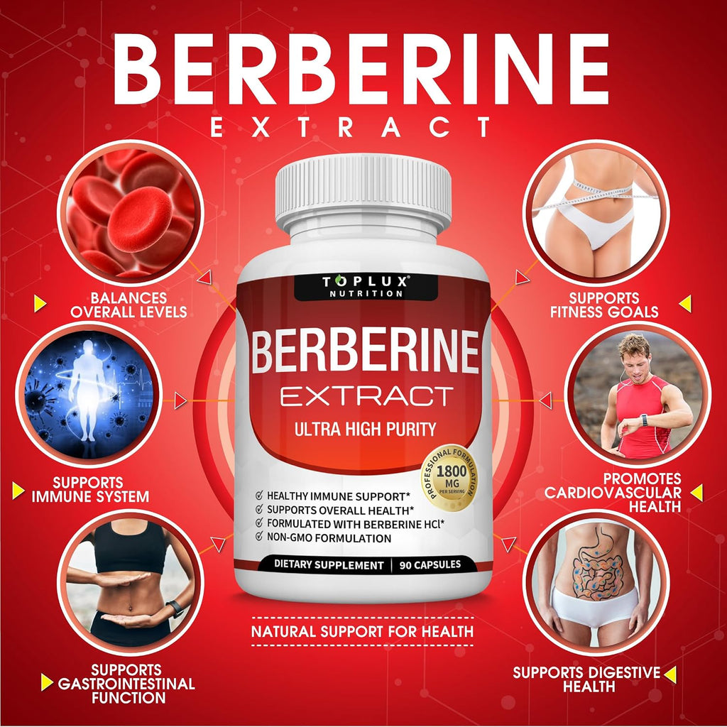 Toplux Berberine 1800mg - Berberina HCL 97% Pureza - 90 Cápsulas Veganas