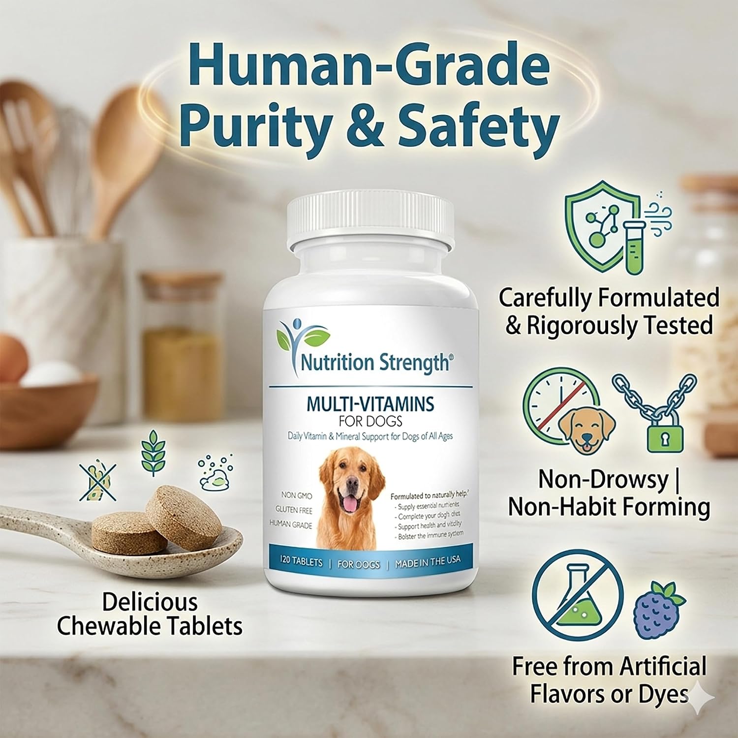 Multivitamínicos para perros, apoyo vitamínico y mineral diario, suplemento nutricional para todas las razas y tamaños, promueve la salud inmunológica, 120 comprimidos masticables