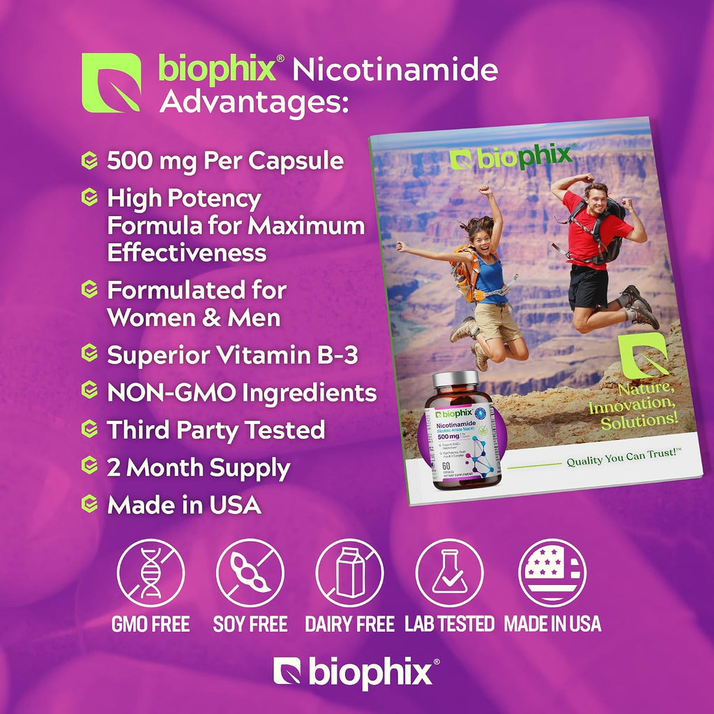 biophix B-3 Nicotinamida 500 mg 60 Cápsulas - Nicotinamida Pura Sin Enrojecimiento - Apoyo a la Salud de la Piel y Energía