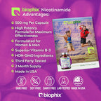 biophix B-3 Nicotinamida 500 mg 60 Cápsulas - Nicotinamida Pura Sin Enrojecimiento - Apoyo a la Salud de la Piel y Energía