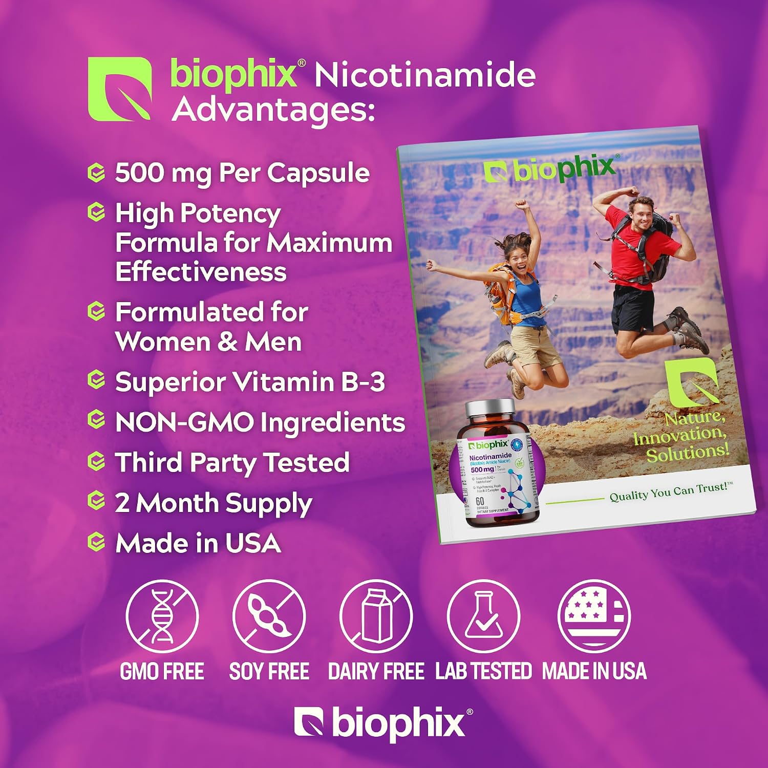 biophix B-3 Nicotinamida 500 mg 60 Cápsulas - Nicotinamida Pura Sin Enrojecimiento - Apoyo a la Salud de la Piel y Energía