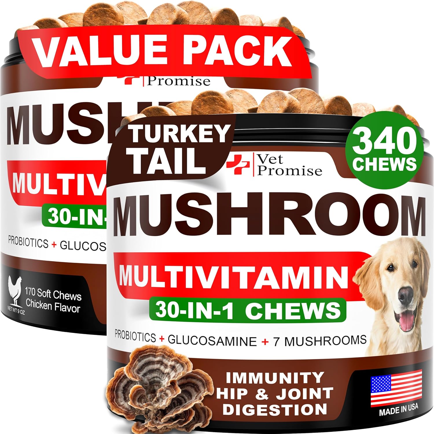 Vet Promise Suplemento de Hongos para Perros - 340 Masticables (2 Pack) - Multivitamínico con Turkey Tail, Lion's Mane, Reishi, Probióticos y Glucosamina