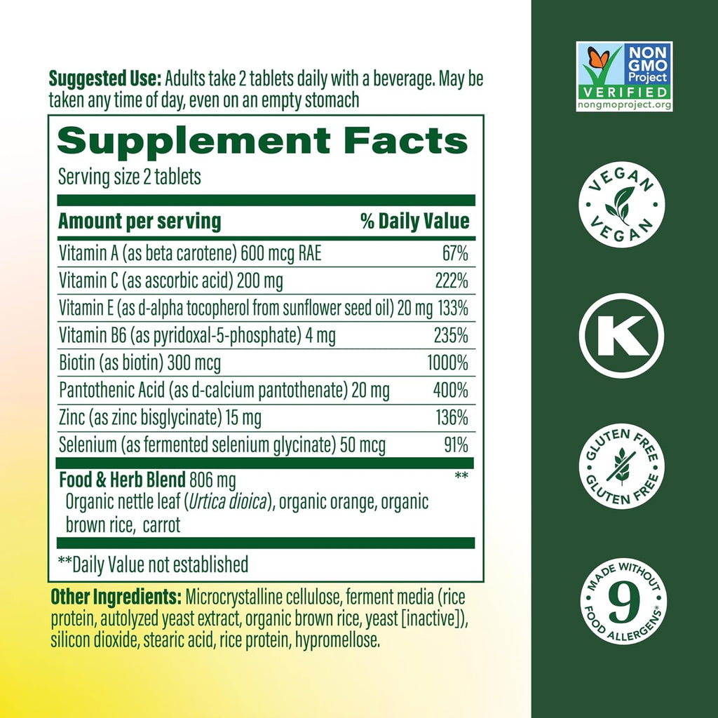 MegaFood Skin, Nails & Hair 2 - Vitaminas para Mujeres y Hombres - Biotina, Vitamina A, C, E, Zinc, B6 y Ácido Pantoténico - Vegano - Sin 9 Alérgenos - 90 Comprimidos (45 Raciones)