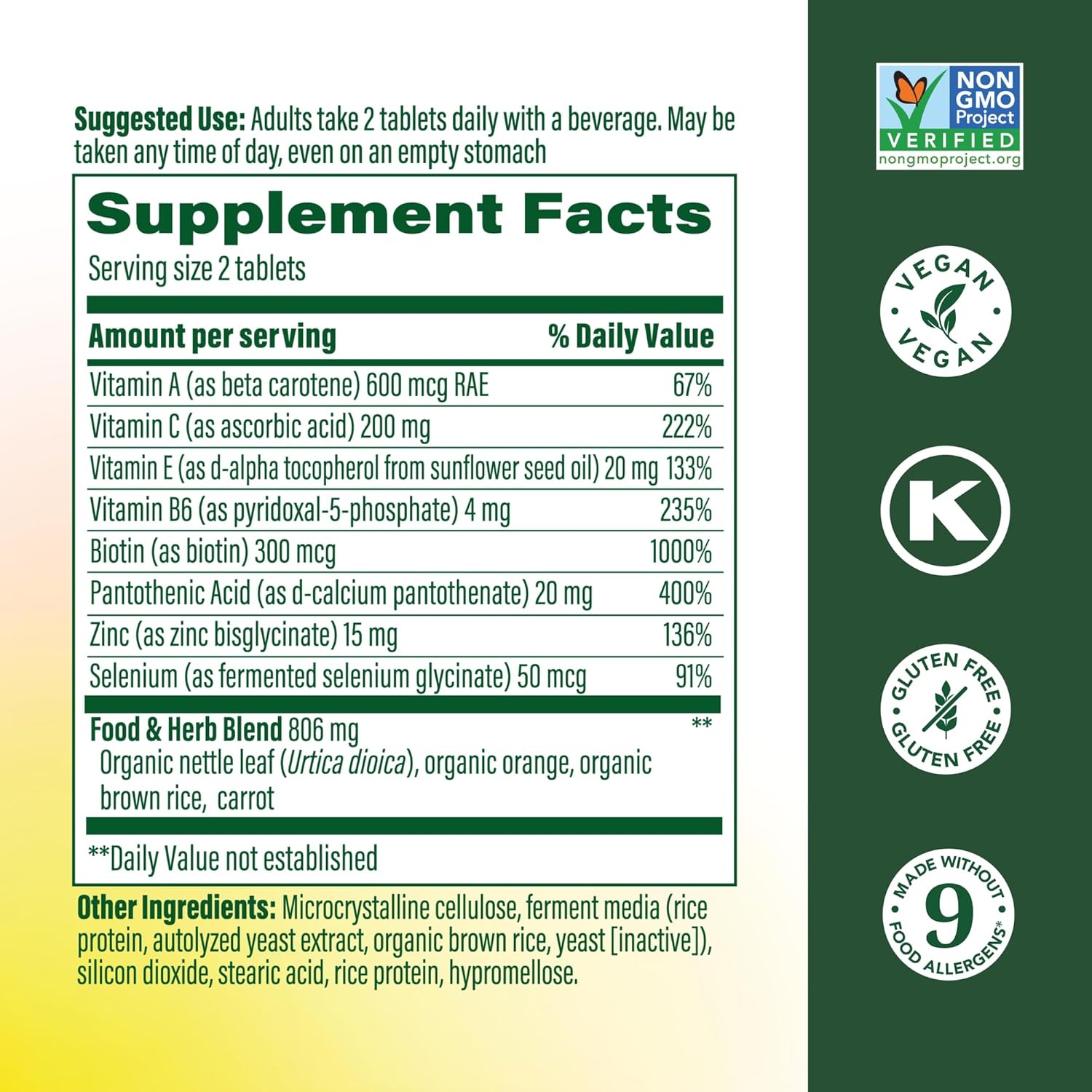 MegaFood Skin, Nails & Hair 2 - Vitaminas para Mujeres y Hombres - Biotina, Vitamina A, C, E, Zinc, B6 y Ácido Pantoténico - Vegano - Sin 9 Alérgenos - 90 Comprimidos (45 Raciones)