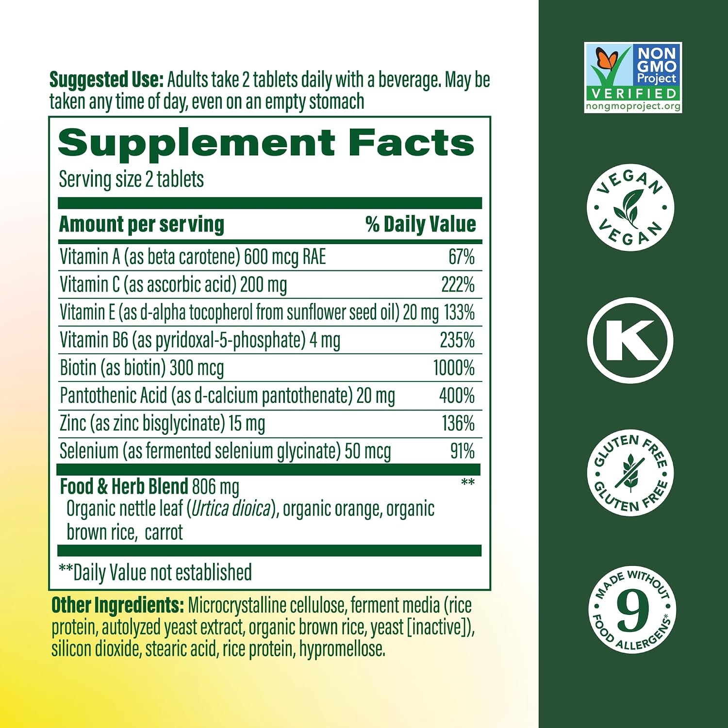 MegaFood Skin, Nails & Hair 2 - Biotina, Vitaminas A, C, Zinc - Vegano - 60 Comprimidos