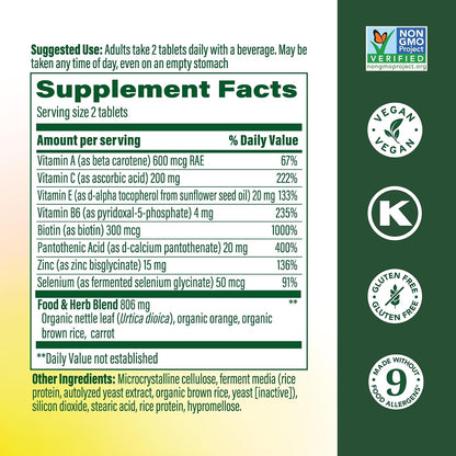 MegaFood Skin, Nails & Hair 2 - Biotina, Vitaminas A, C, Zinc - Vegano - 60 Comprimidos – Image 2