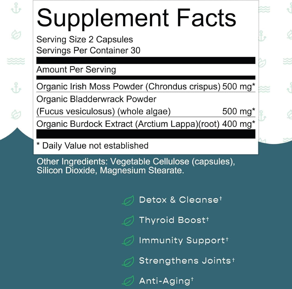 Herbal Vineyards Musgo Marino Orgánico Silvestre con Vejiga de Mar y Raíz de Bardana - 60 Cápsulas (1500mg)