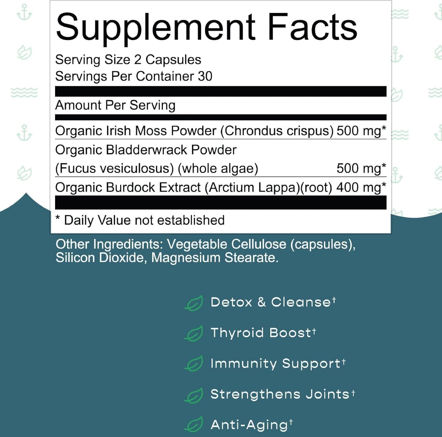 Herbal Vineyards Musgo Marino Orgánico Silvestre con Vejiga de Mar y Raíz de Bardana - 60 Cápsulas (1500mg)