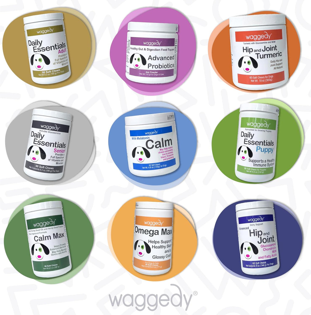 Waggedy Omega Max Chews para perros con aceite de salmón y linaza, 60 unidades.