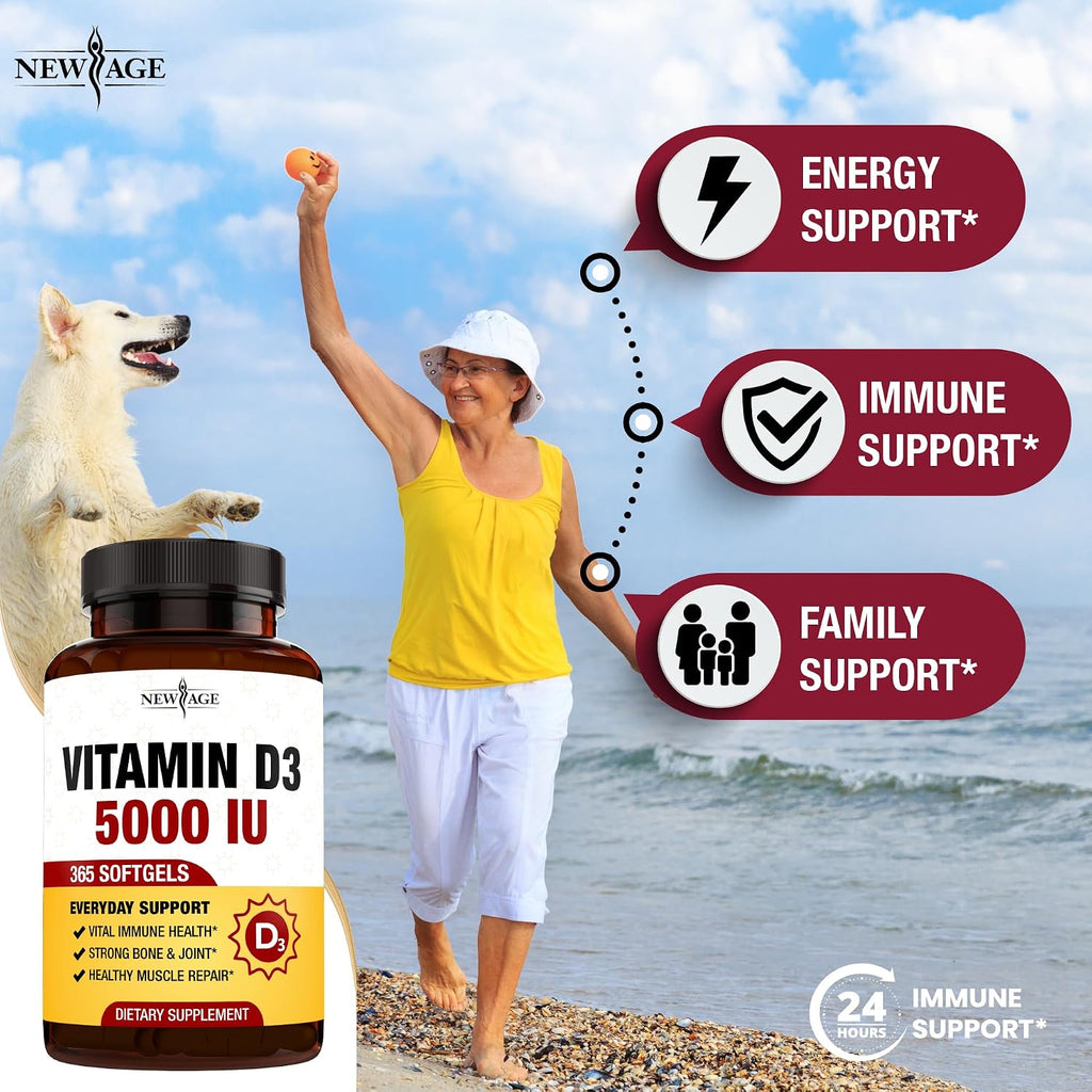 NEW AGE Vitamin D3 5000 IU (125mcg) - 360 Cápsulas Blandas | Apoyo Inmunológico y Salud Ósea