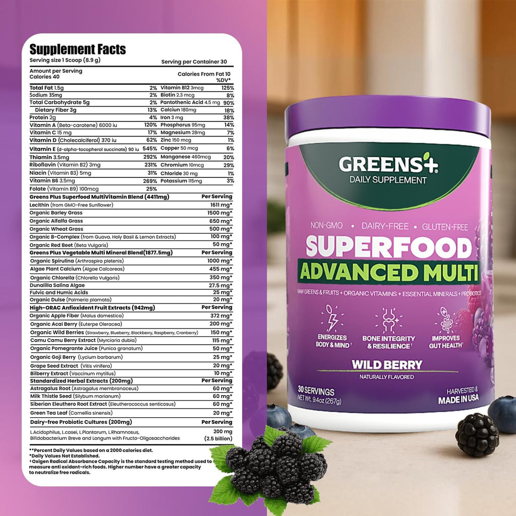 Greens+ Advanced Multi Wild Berry - Polvo de Superalimentos Orgánico con Vitaminas y Minerales, 267 g