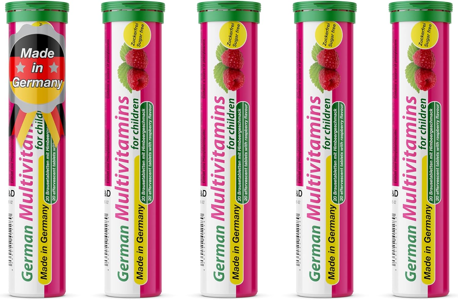 T&D Multivitamínico Infantil Alemán - 40 Comprimidos Efervescentes Veganos - Sabor Frambuesa - Sin Azúcar