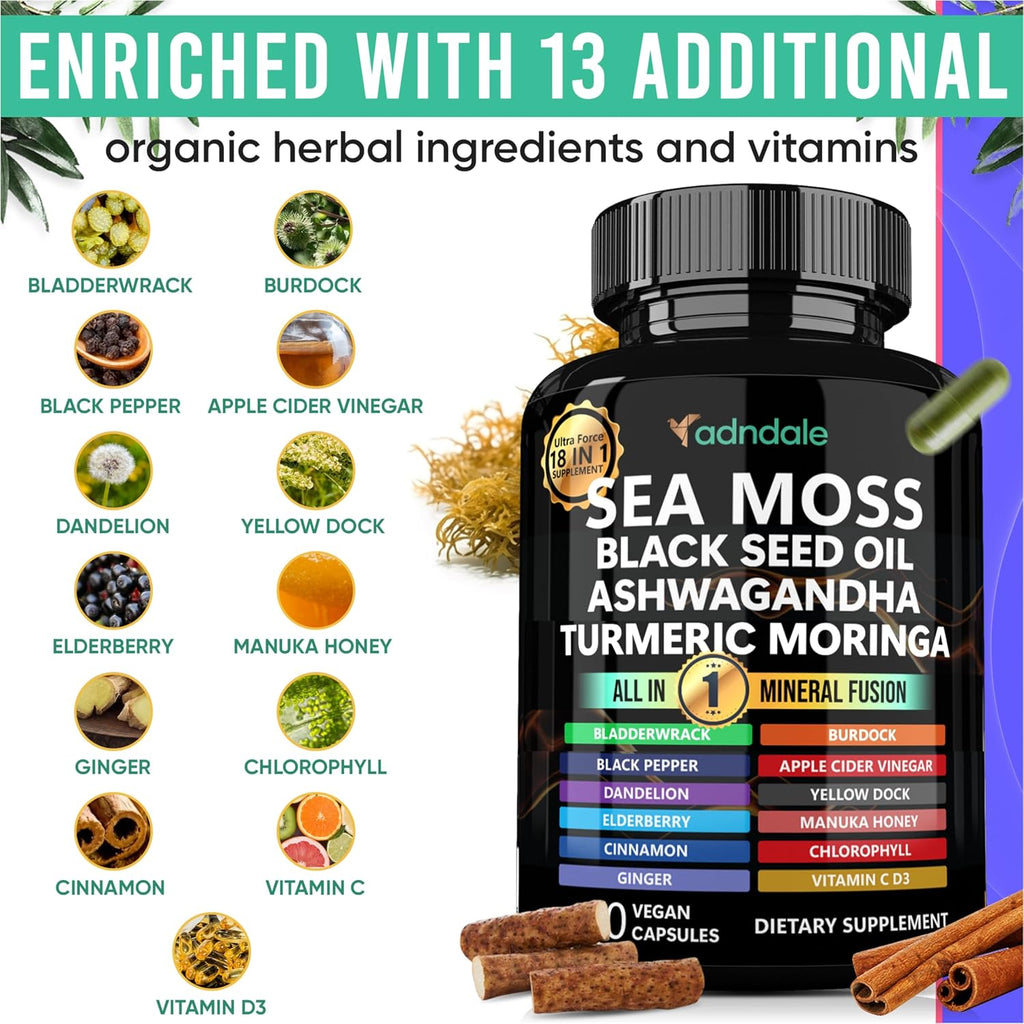 Adndale Sea Moss Capsules - Mezcla de 18 Ingredientes con Ashwagandha y Cúrcuma - 180 Cápsulas