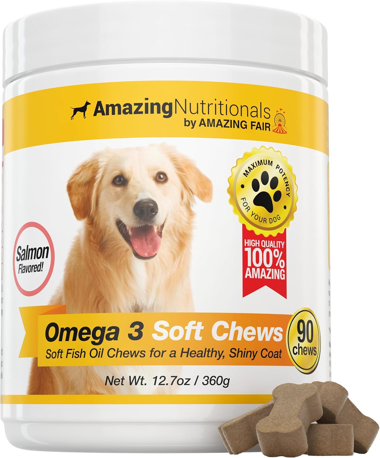 Amazing Omega 3 para Perros - 120 Masticables de Salmón - Apoyo para Piel, Pelaje y Articulaciones