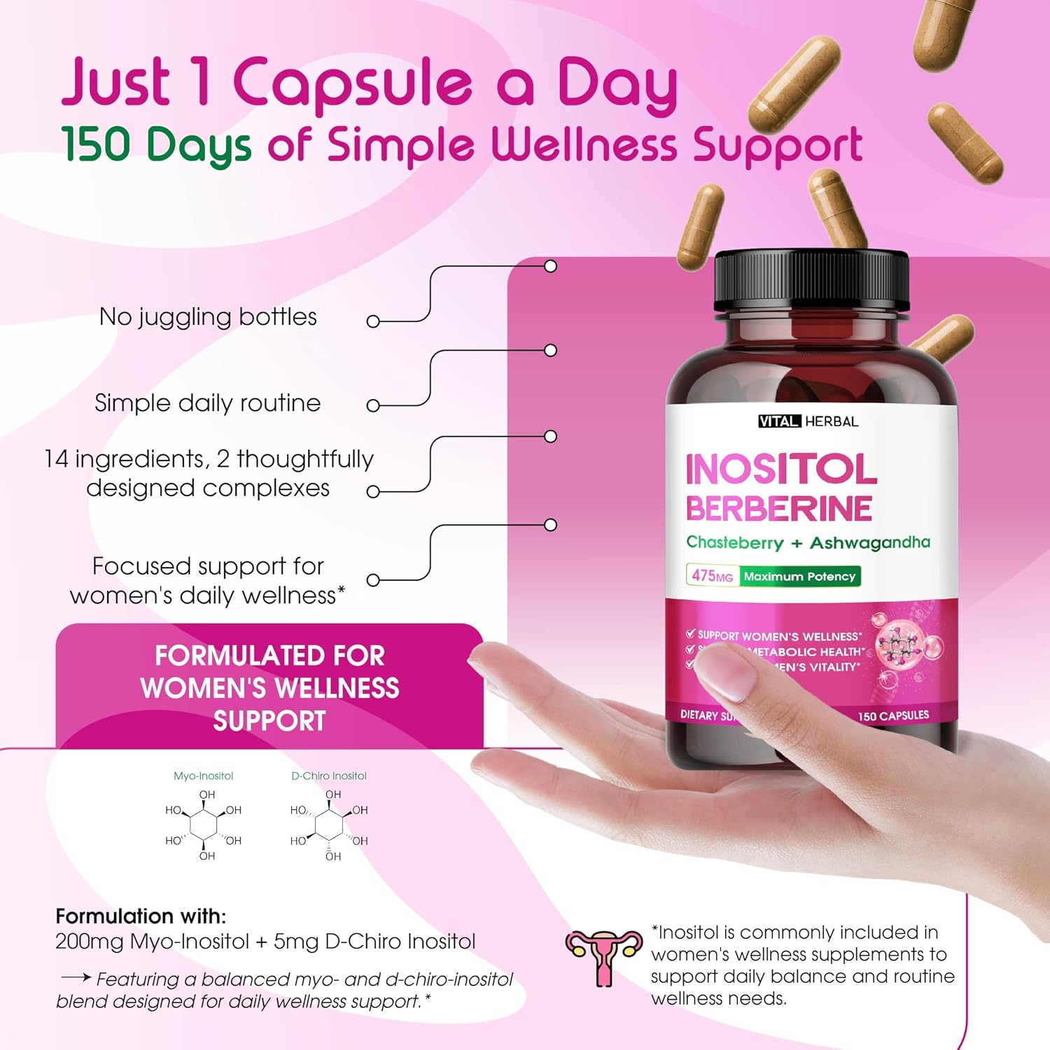 Vital Herbal Inositol Complex con Berberina, Sauzgatillo y Ashwagandha - 150 Cápsulas