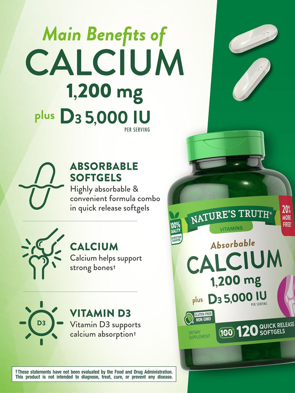 Nature's Truth Calcio 1200 mg con Vitamina D3 5000 UI, 120 comprimidos (Pack de 3)