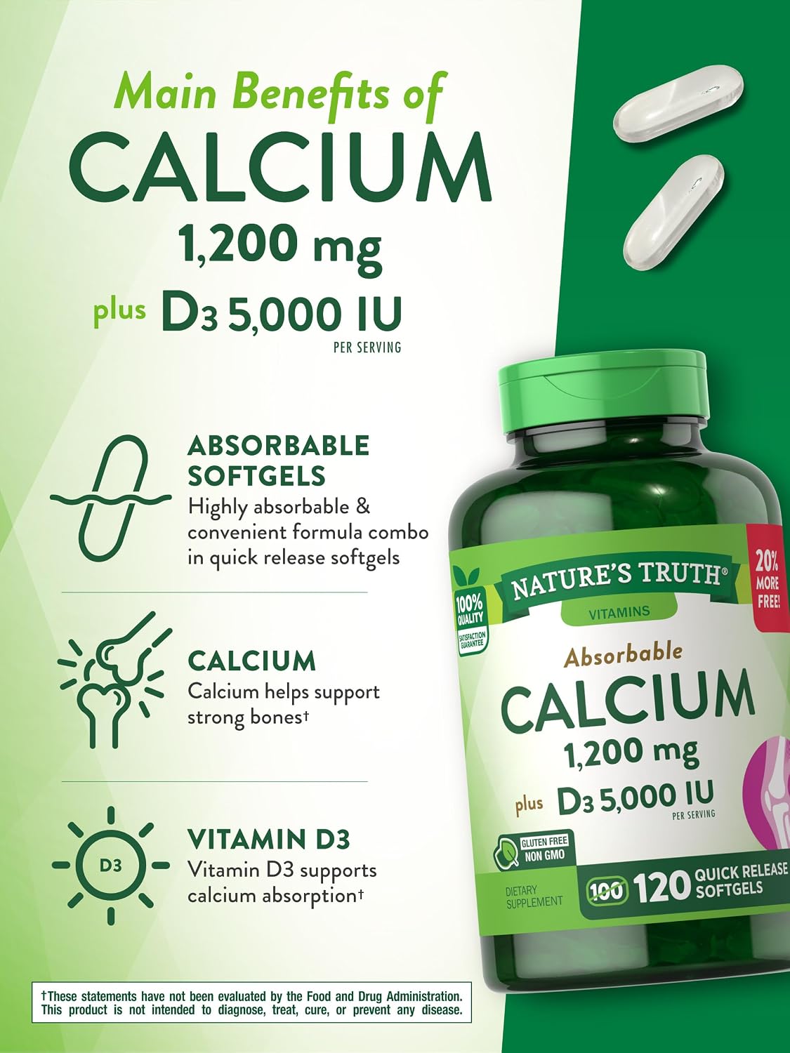 Nature's Truth Calcio 1200 mg con Vitamina D3 5000 UI, 120 comprimidos (Pack de 3)