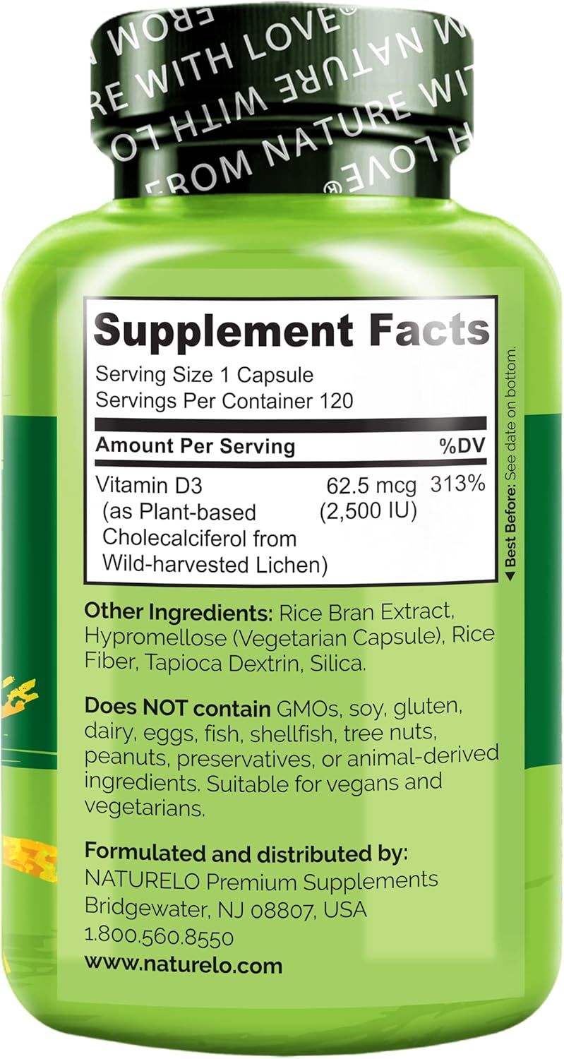 NATURELO Vitamina D3 2500 IU - 120 Cápsulas - Vegana de Líquen