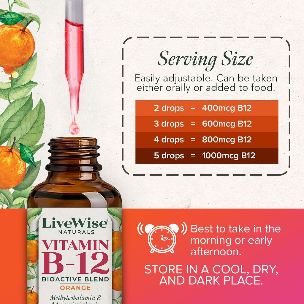 Organic Vitamin B12 1000 mcg Sublingual Liquid Drops - Naranja - 1 oz (6 Meses de Suministro)
