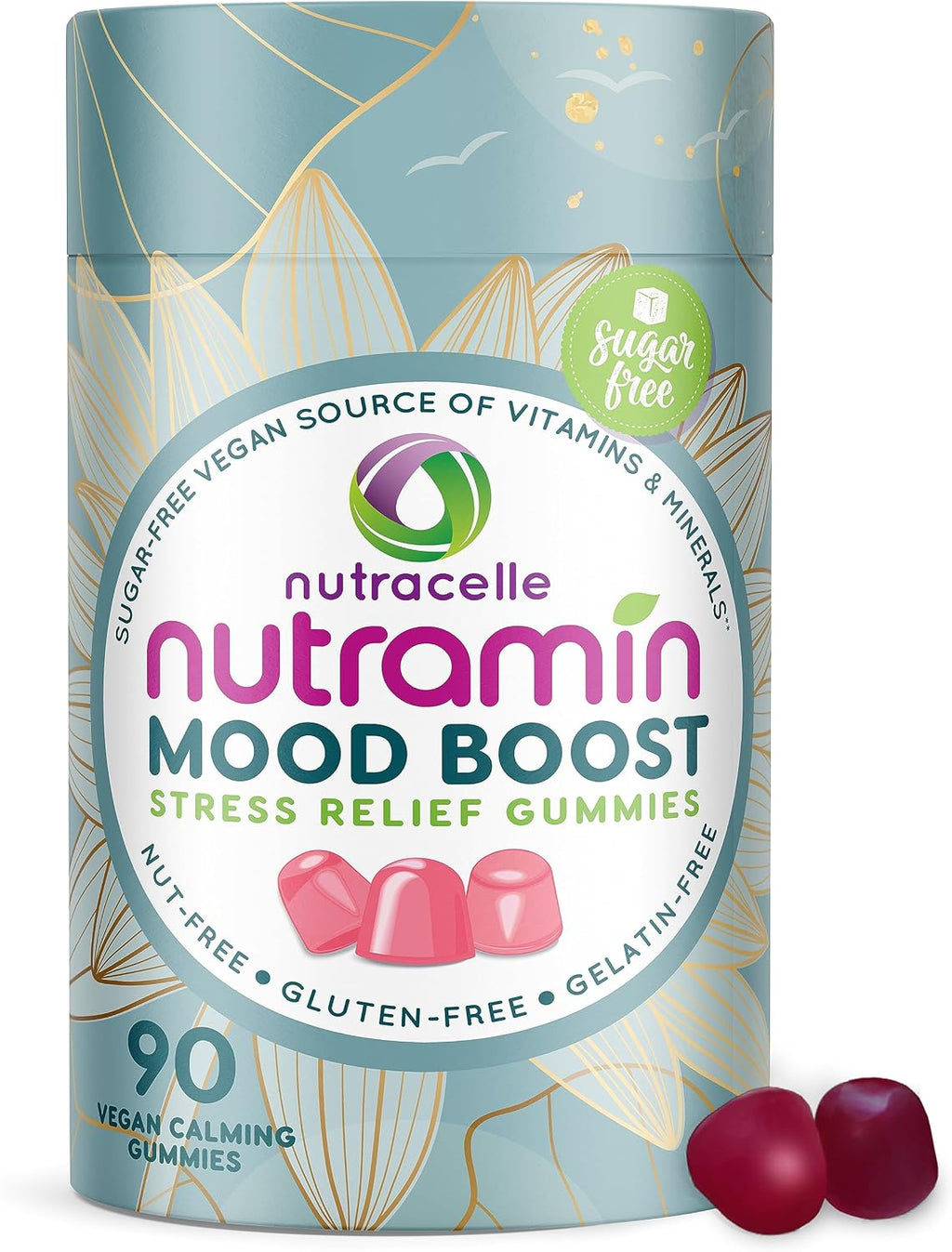 NUTRAMIN Mood Boost Gomitas Multivitamínicas - Deliciosas gomitas antiestrés con magnesio, ashwagandha y vitaminas del grupo B para la calma y el enfoque - Sin azúcar, veganas, sin gluten (90 unidades)