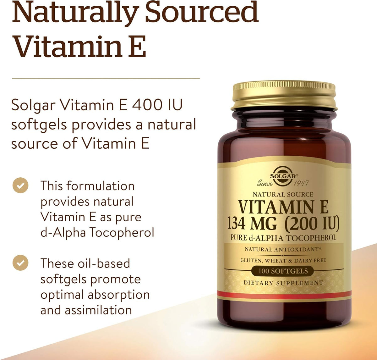 Solgar Vitamina E 200 UI Alfa - 100 Cápsulas – Sin alérgenos: libre de gluten, trigo, lácteos, levadura, azúcar, – Image 3