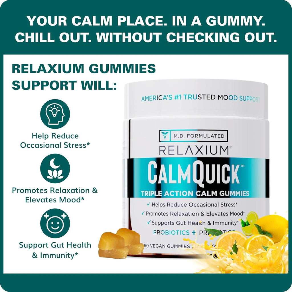 Relaxium Calm Gummies - Gominolas para la Calma, Salud Intestinal y Apoyo Inmune, con Vitamina B6, Magnesio, L-Teanina y Prebióticos, Sabor Limón, 60 unidades