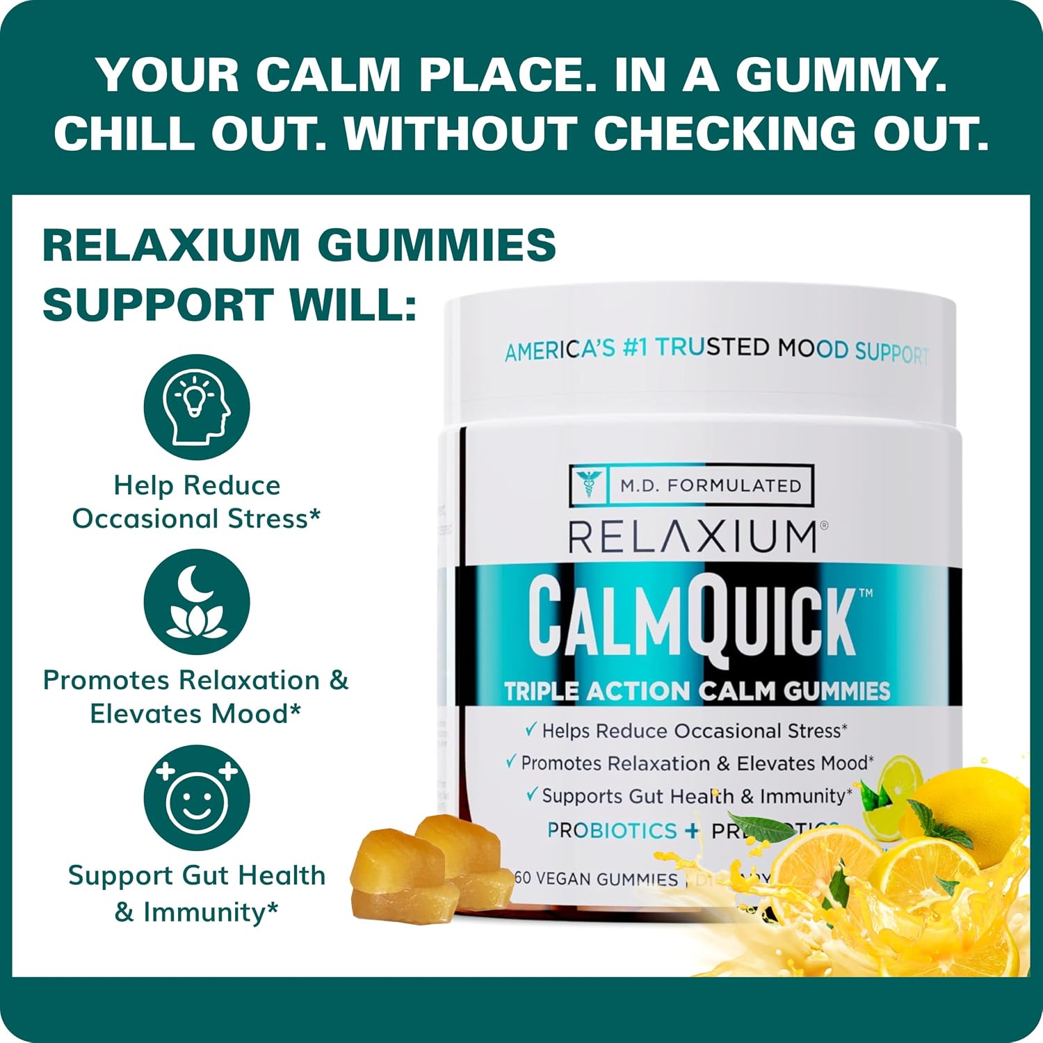 Relaxium Calm Gummies - Gominolas para la Calma, Salud Intestinal y Apoyo Inmune, con Vitamina B6, Magnesio, L-Teanina y Prebióticos, Sabor Limón, 60 unidades