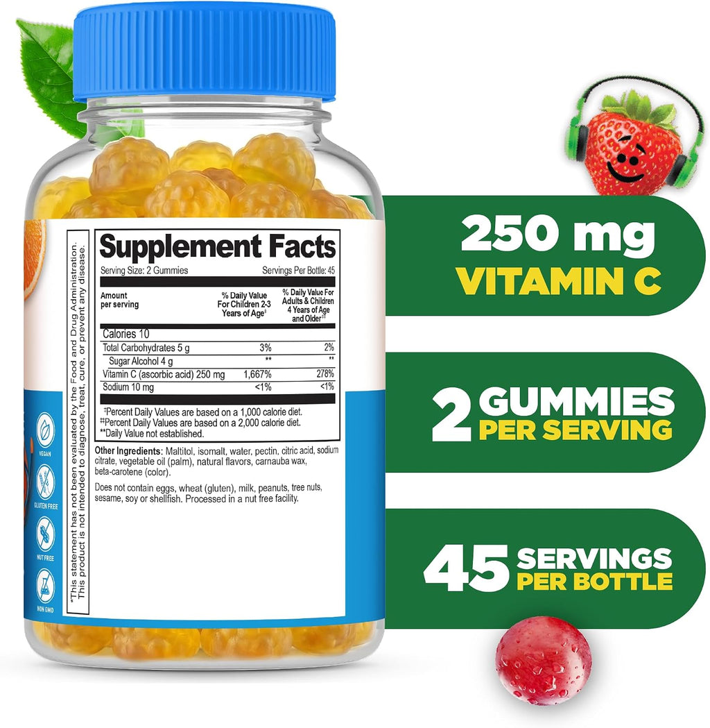 Lifeable Vitamina C para Niños Sin Azúcar – 250 mg – Gominolas Sabor Naranja – 90 Unidades