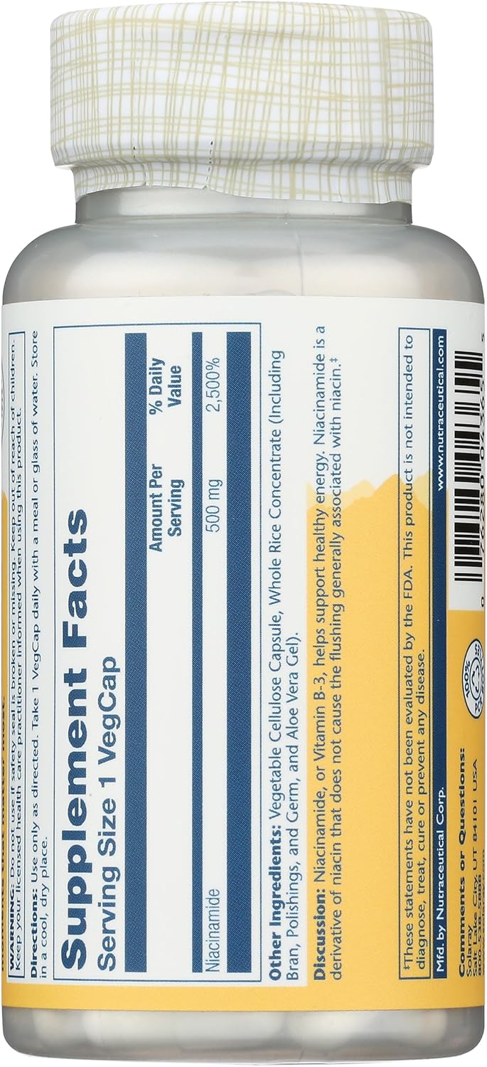 Solaray Niacinamida 500 mg – Vitamina B3, 100 Cápsulas Vegetales
