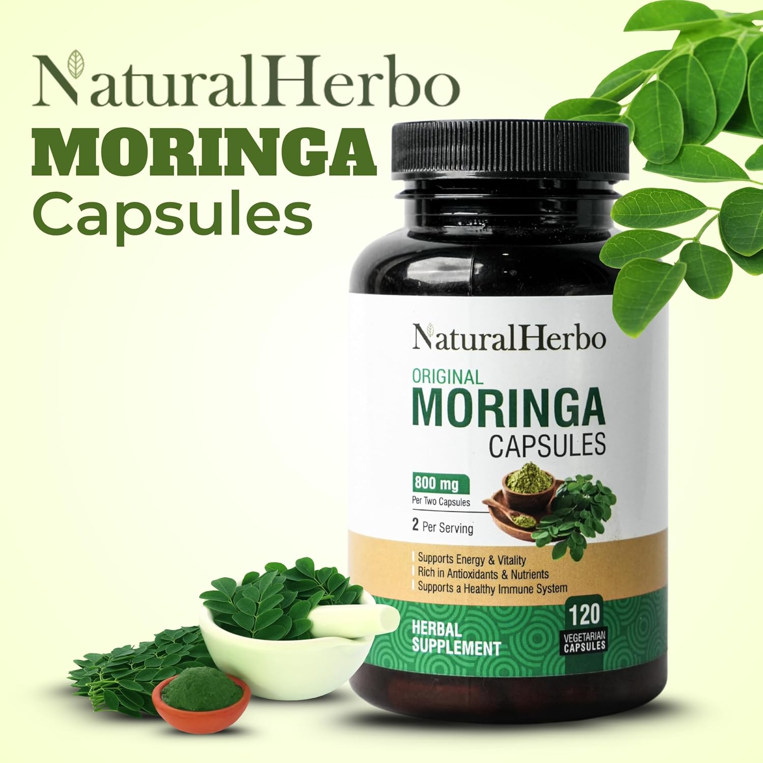Cápsulas de Moringa Pura - Extracto de Hoja de Moringa para Energía Natural, Digestión y Bienestar Diario | Superfood Verde Vegano | 120 Cápsulas (800mg)