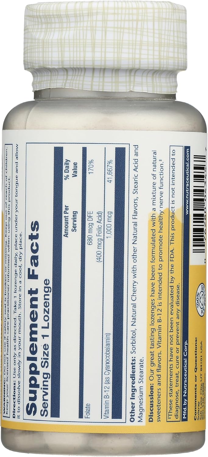 Solaray Vitamina B-12 1000mcg Pastillas Sublinguales con Ácido Fólico, Sabor Cereza Natural, 90 Comprimidos