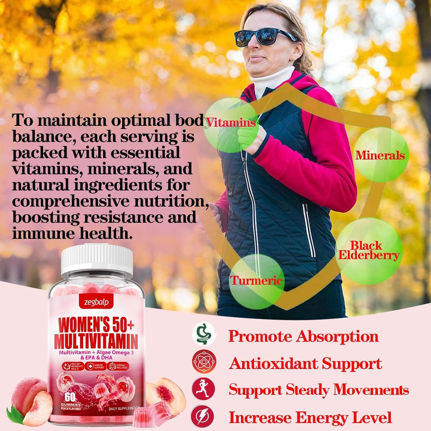 ZEGBALP Multivitamínico para Mujeres 50+ sin Azúcar - Gominolas con 24 Vitaminas y Minerales, Omega-3, DHA, EPA, Luteína