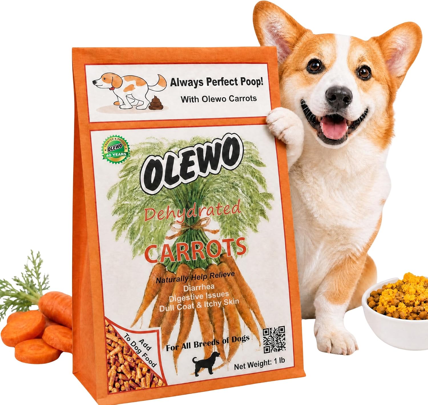 Olewo Original Carrots for Dogs - Fiber for Firm Stool, Dehydrated Topper, Skin & Coat Support, 1 lb