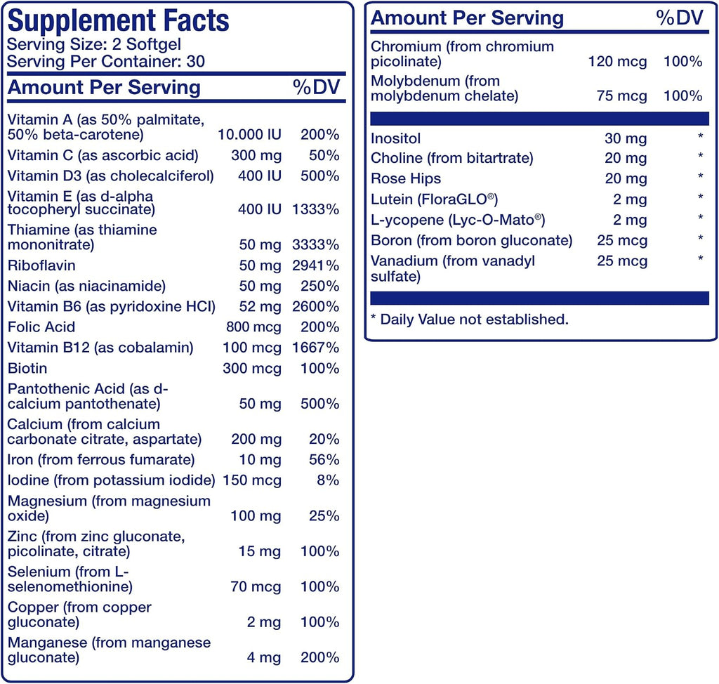 30-in-1 Multivitamínico para Adultos Mayores de 50 con Hierro - Antioxidantes