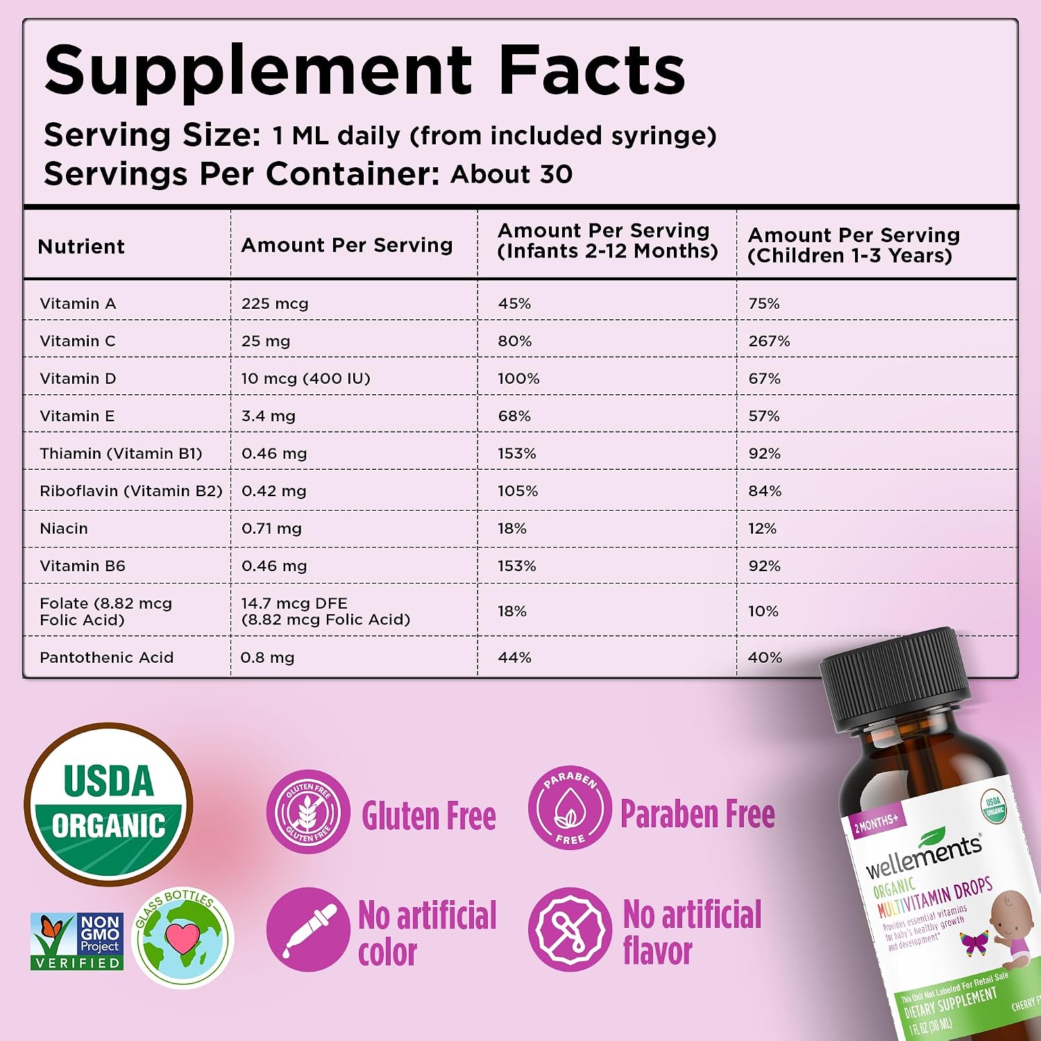Wellements Organic Baby Multivitamin Drops - Gotas Multivitamínicas Orgánicas para Bebés y Niños Pequeños (30 ml) - Sabor Cereza