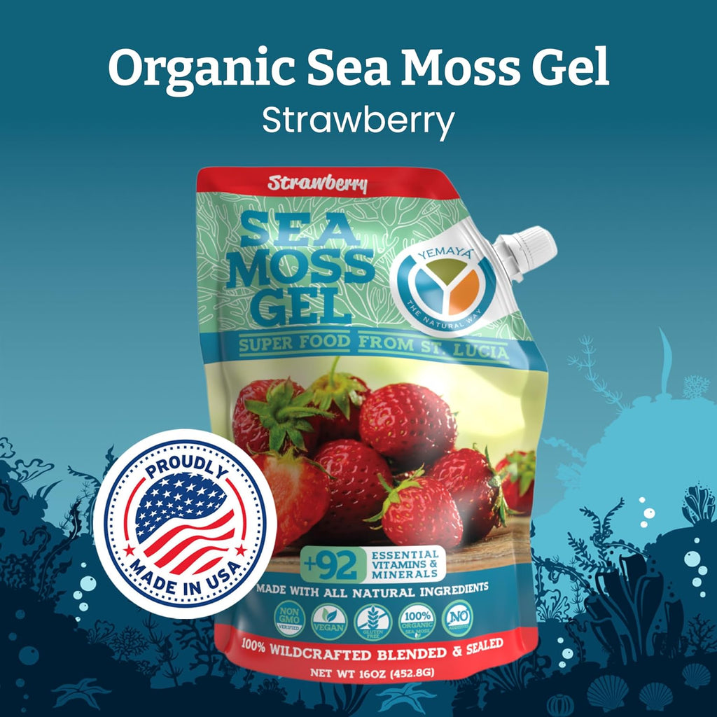 Yemayá Organic Gel de Musgo Marino Orgánico y Silvestre con Sabor a Fresa – 16 oz