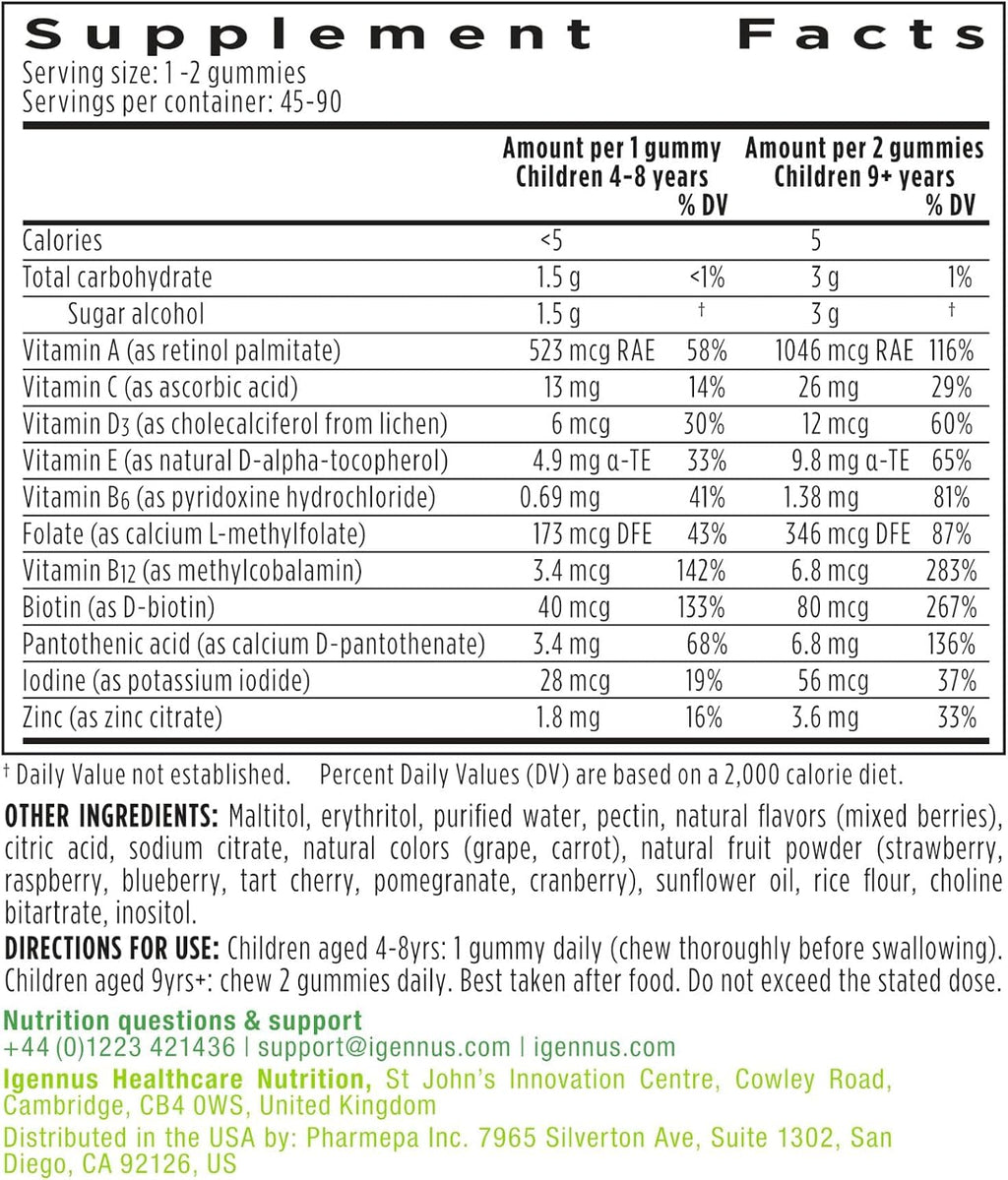 Igennus Methylated Kids Multivitamin Gummies - 6 x 90 Gominolas (540 unidades) - Multivitamínico Infantil Metilado, Sin Azúcar, Sabor a Bayas Natural, No-GMO, Halal