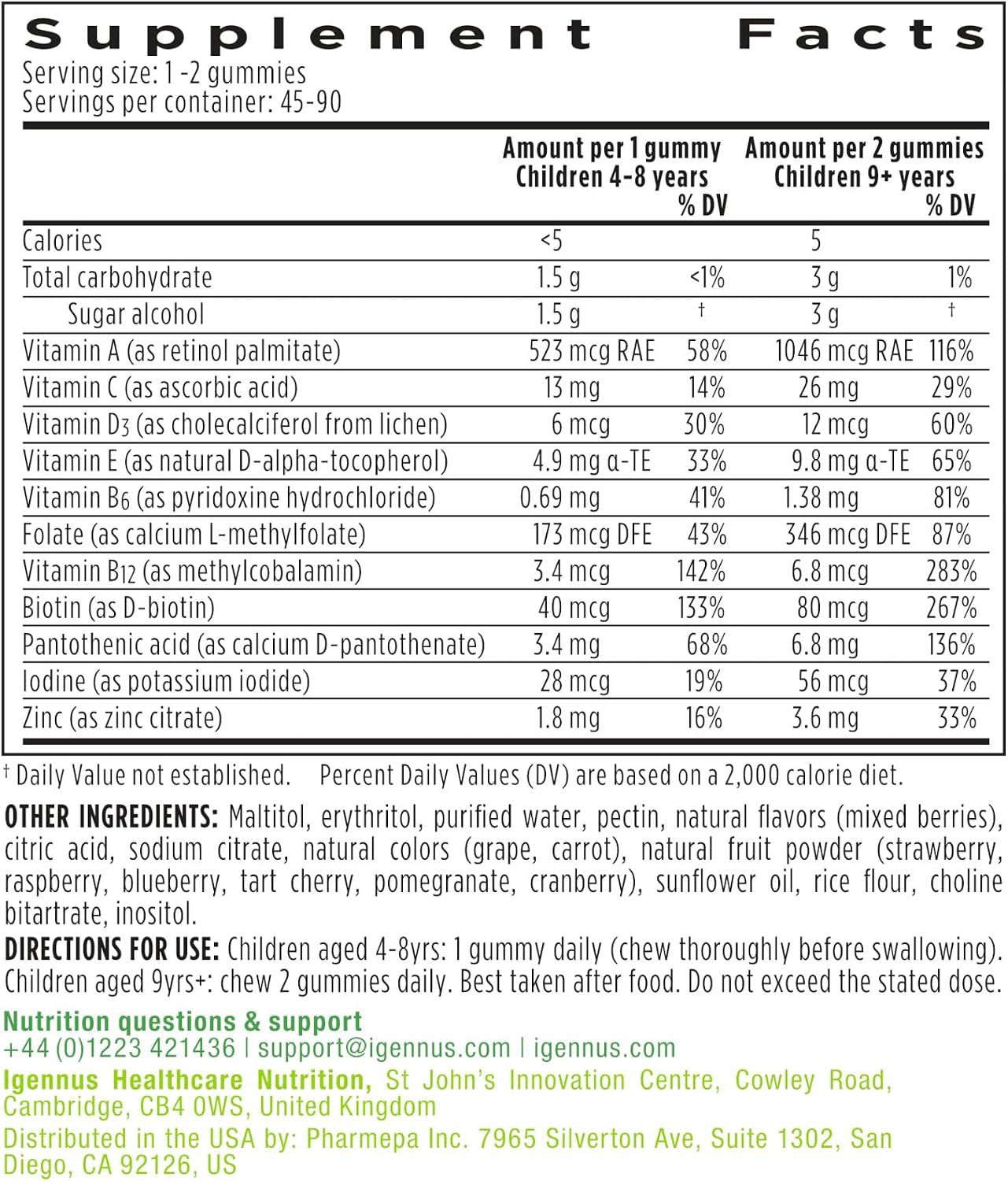 Igennus Methylated Kids Multivitamin Gummies - 6 x 90 Gominolas (540 unidades) - Multivitamínico Infantil Metilado, Sin Azúcar, Sabor a Bayas Natural, No-GMO, Halal
