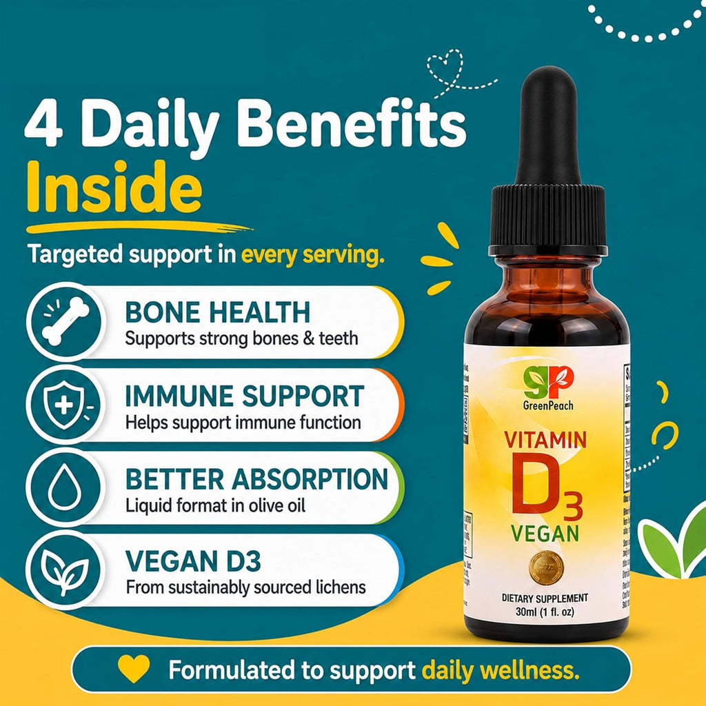 GreenPeach Vitamina D3 Líquida Vegana - Gotas de 400 a 2000 UI para Bebés y Niños