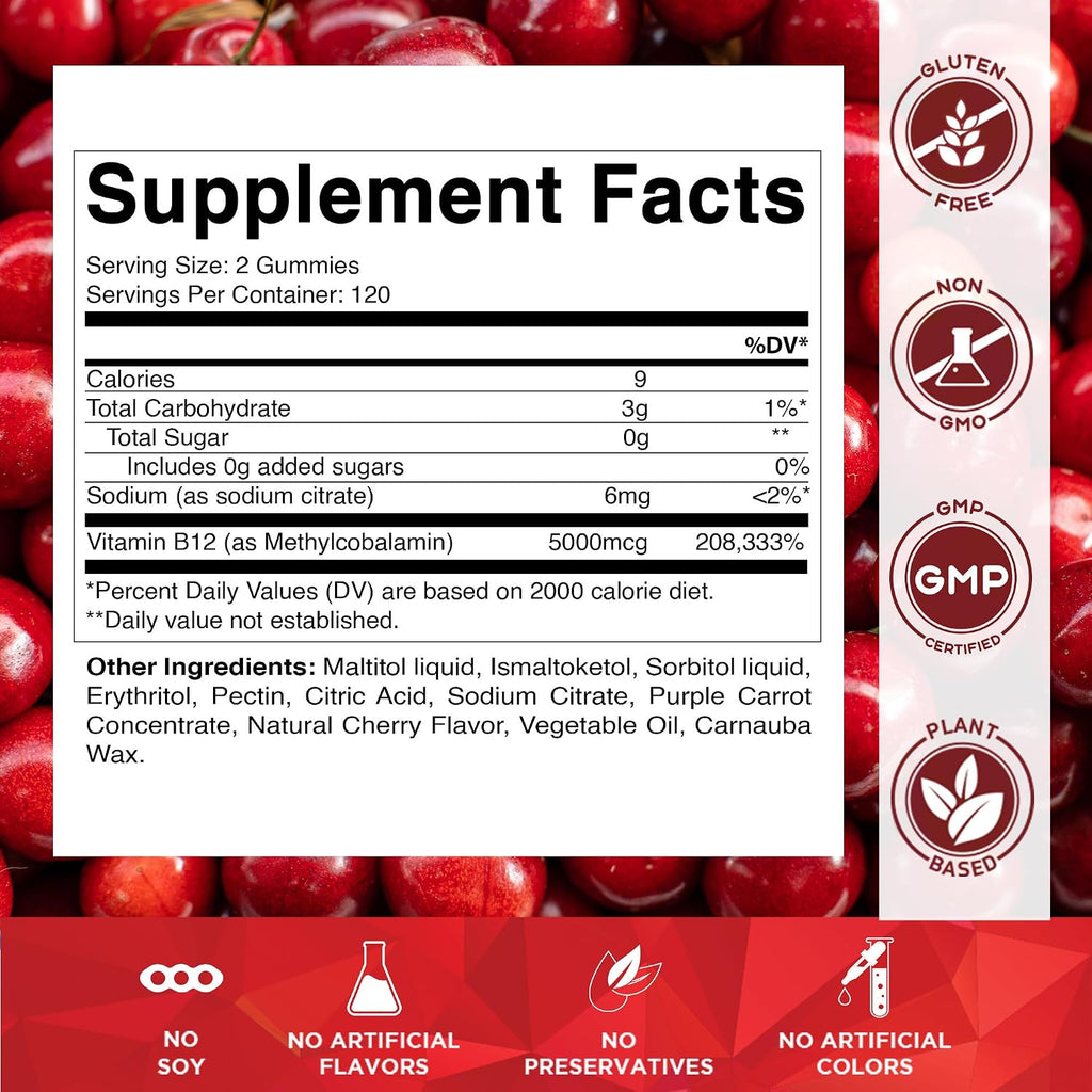 Vitamatic Vitamina B12 5000 mcg (Metilcobalamina) Gominolas - 240 Unidades, Sabor Cereza Natural