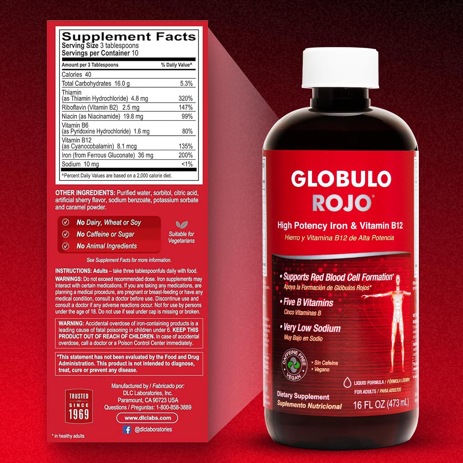 Globulo Rojo Suplemento de Hierro Líquido - Alta Potencia con Vitaminas B - Vegano - 473 ml