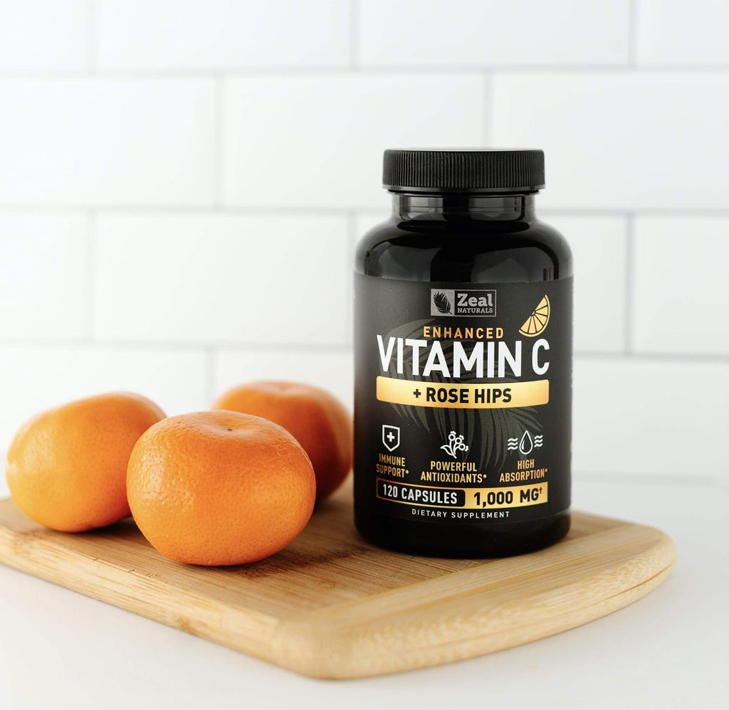 Zeal Naturals Vitamina C con Escaramujo 1000 mg - Ácido Ascórbico Puro - 120 Cápsulas