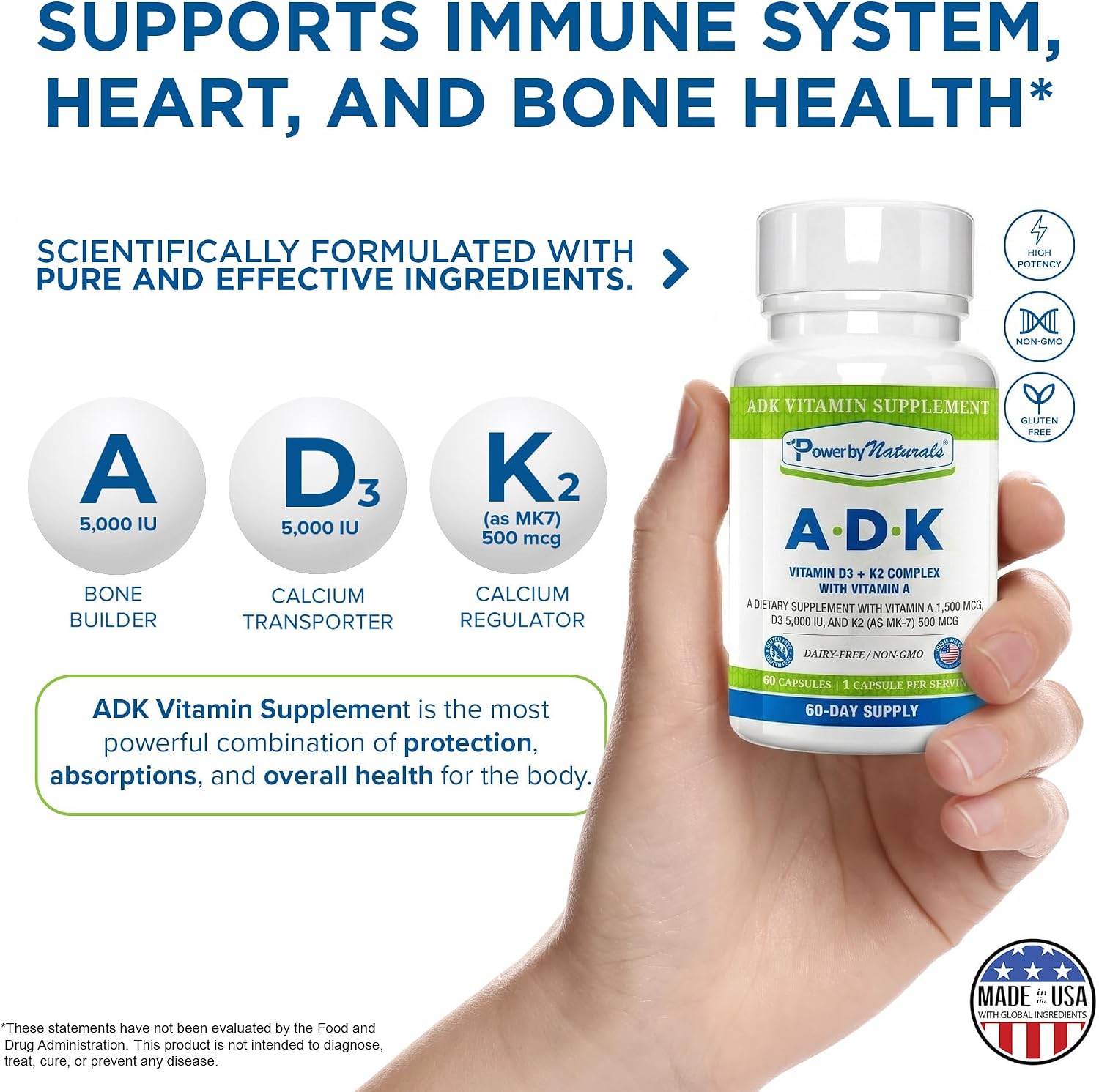 Power By Naturals ADK - Complejo de Vitaminas A, D3 y K2 MK-7 - 120 Cápsulas (2 Envases, 4 Meses)