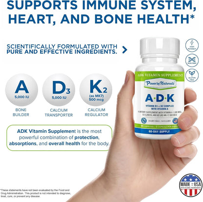 Power By Naturals ADK - Complejo de Vitaminas A, D3 y K2 MK-7 - 120 Cápsulas (2 Envases, 4 Meses) – Image 8