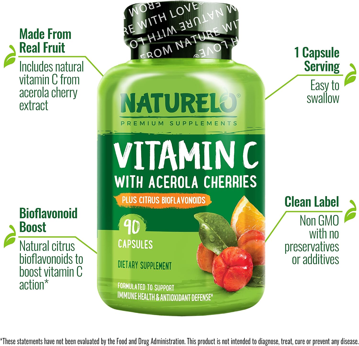 NATURELO Vitamina C con Acerola Ecológica y Bioflavonoides Cítricos - 500 mg por Cápsula - 180 Cápsulas