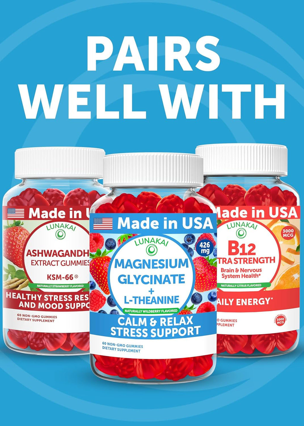 Lunakai Calm & Stress Relief Gummies – Gomas calmantes con GABA y L-teanina, 60 unidades