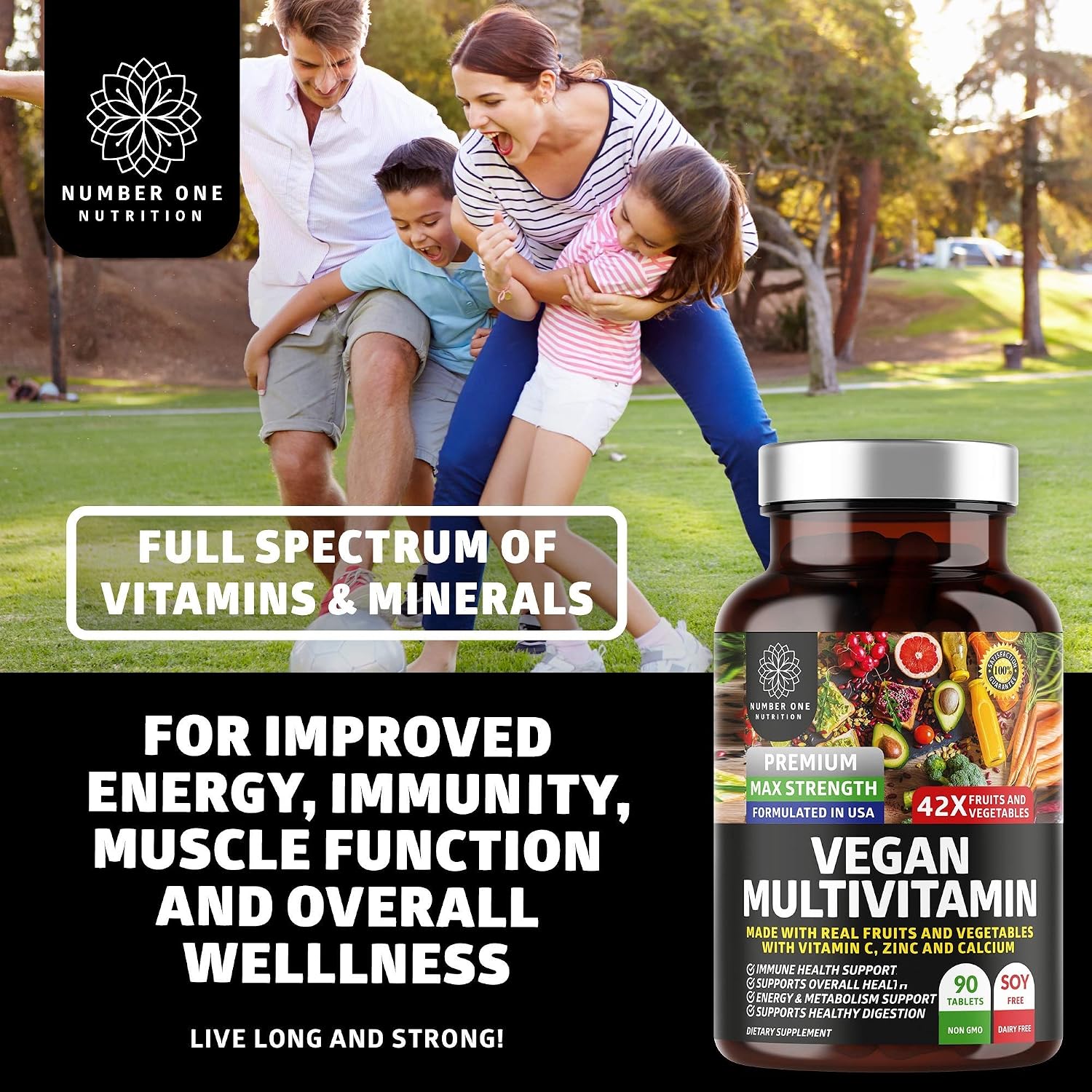 N1N Premium Multivitamínico Plant Based [42 Ingredientes] Multivitaminas para Hombres y Mujeres con Verduras, Frutas, Probióticos, Alfalfa, Equinácea, Espirulina y Enzimas, 90 Comprimidos