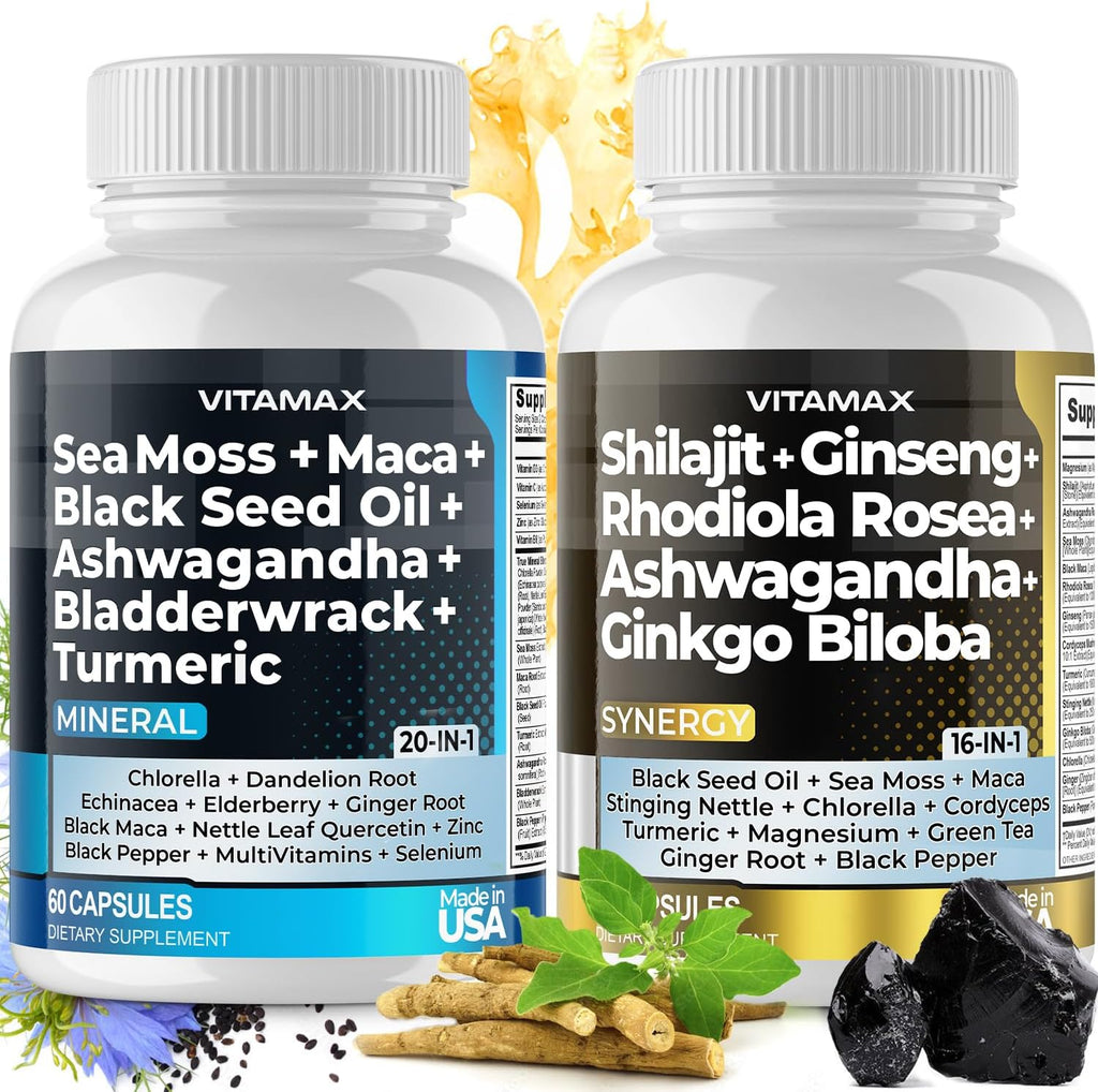 Vitamax Pure Himalayan Shilajit con Sea Moss, Ashwagandha, Bladderwrack y Ginkgo Biloba - Cápsulas Veganas